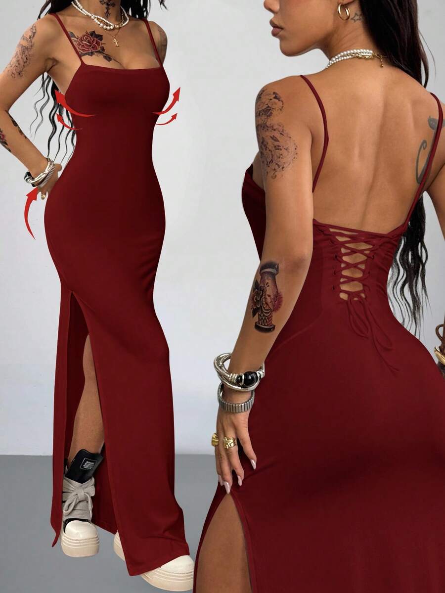 Women's Y2K backless spaghetti strap maxi dress featuring a lace-up back and high split thigh in black knitted fabric.