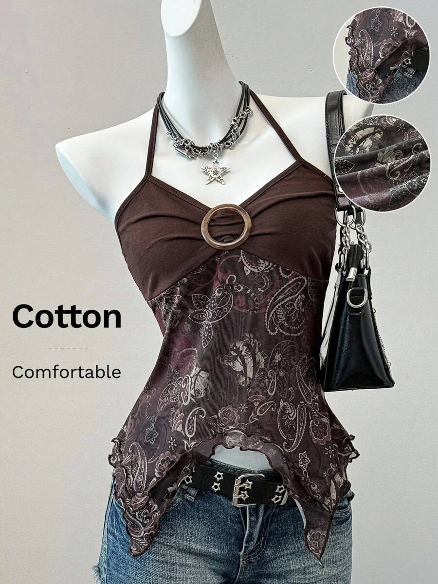Women's backless halter cami top featuring a paisley print, sleeveless design, and an asymmetrical hem in knitted fabric.