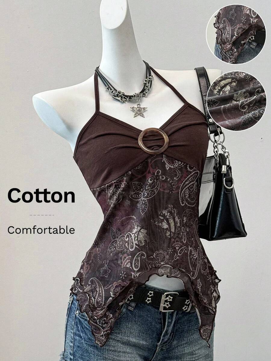 Women's backless halter cami top featuring a paisley print, sleeveless design, and an asymmetrical hem in knitted fabric.
