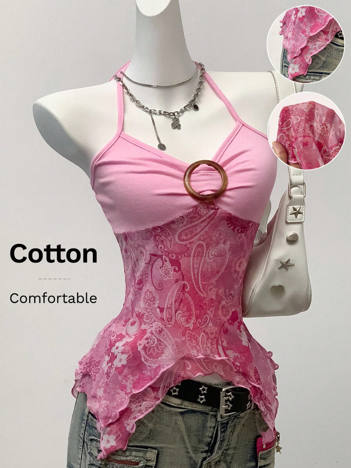Women's backless halter cami top featuring a paisley print, sleeveless design, and an asymmetrical hem in knitted fabric.
