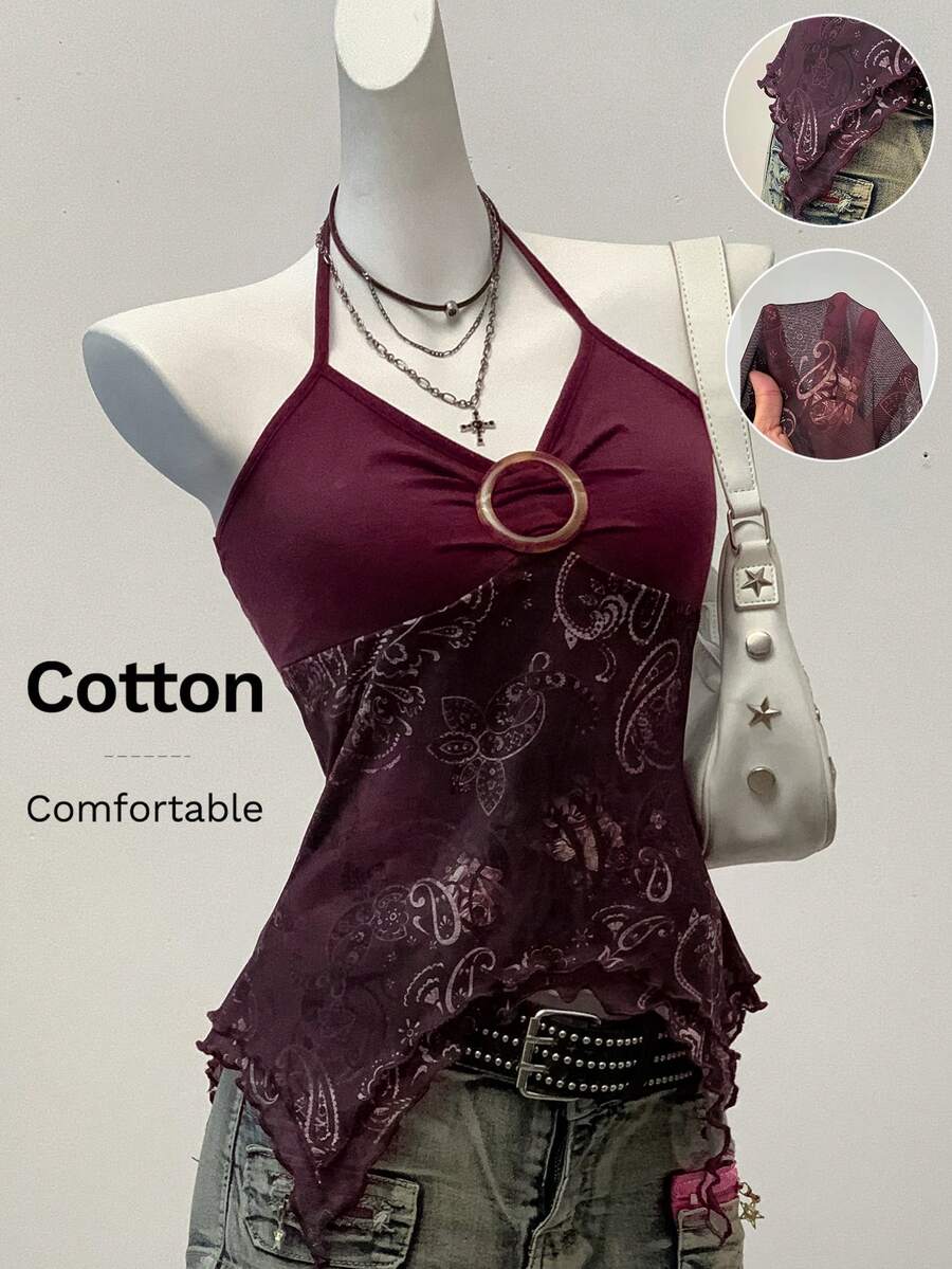 Women's backless halter cami top featuring a paisley print, sleeveless design, and an asymmetrical hem in knitted fabric.