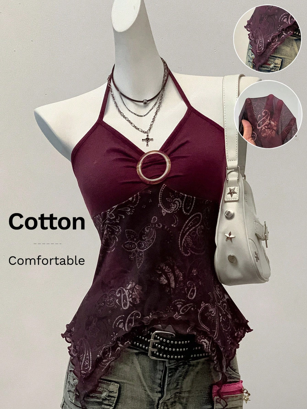Women's backless halter cami top featuring a paisley print, sleeveless design, and an asymmetrical hem in knitted fabric.