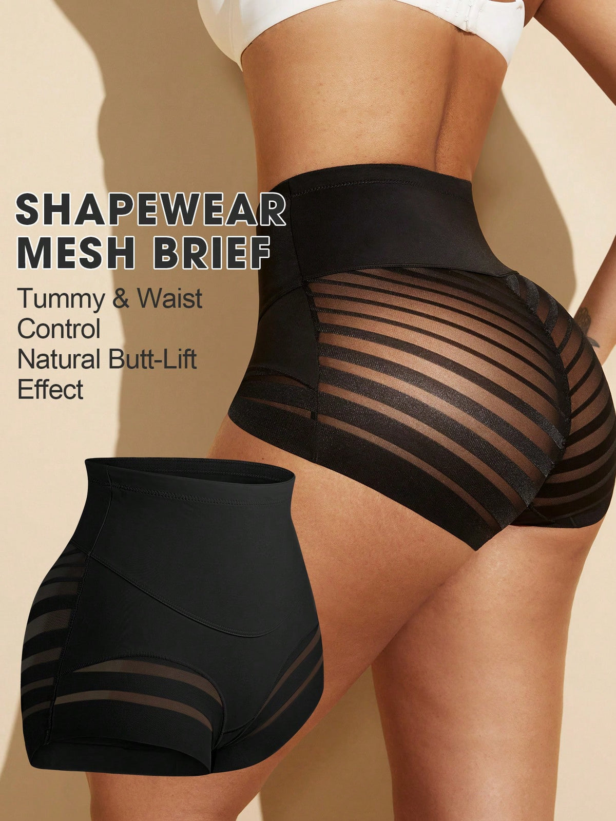 Black high waist shaping panties with striped mesh detailing and ultra light tummy control support for women.