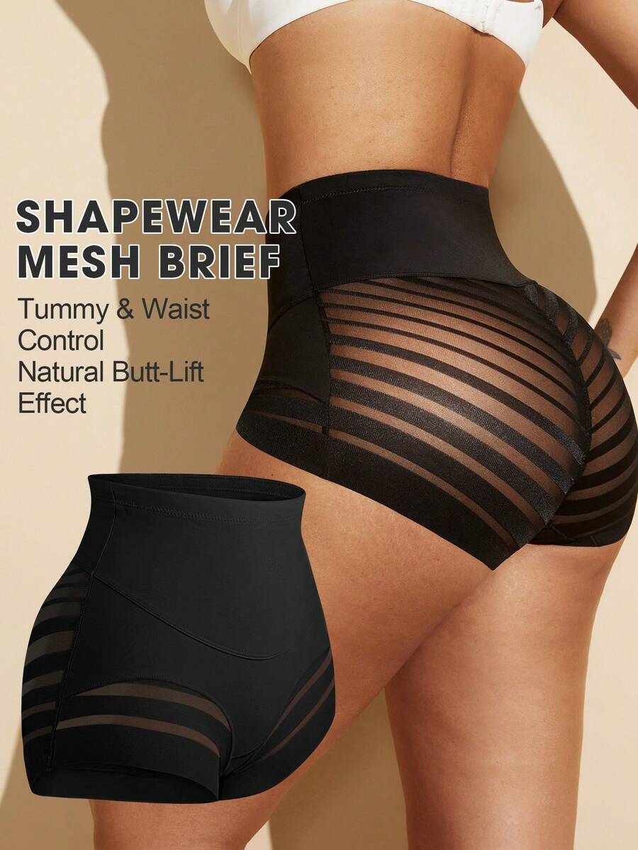 Black high waist shaping panties with striped mesh detailing and ultra light tummy control support for women.