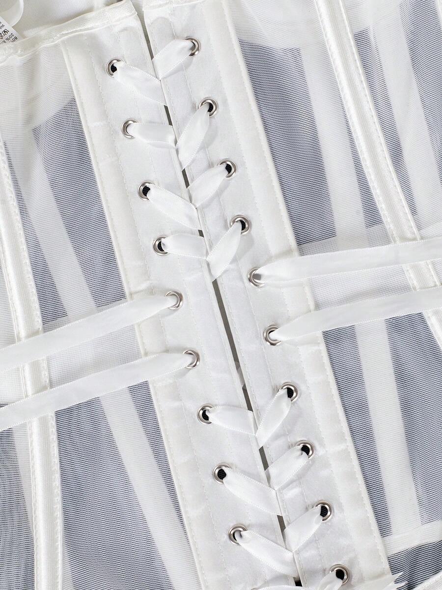 Beige strapless sheer mesh corset top for women featuring front boning, lace-up grommet eyelet detail, and push-up padded cups.