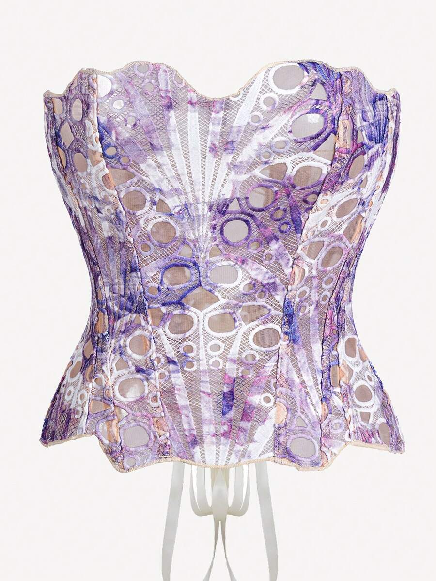 Black lace shaping camisole top with a tie-back detail and grommet eyelet accents, designed for women with slight stretch and ultra-light support.