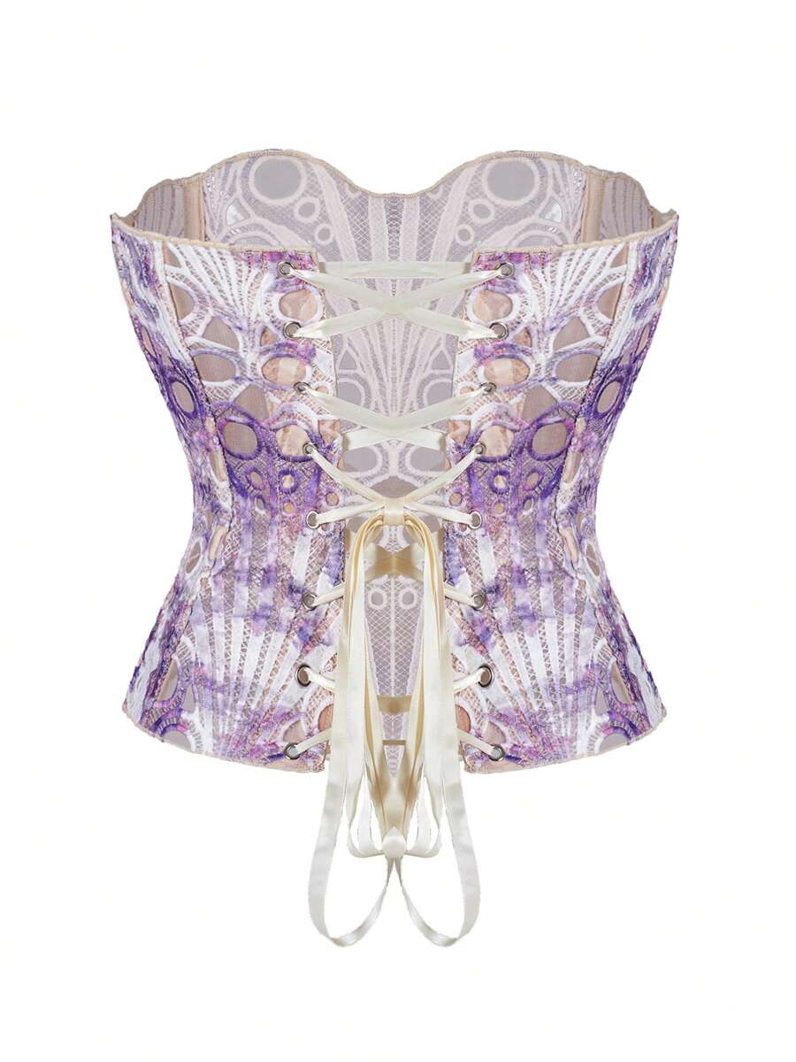 Black lace shaping camisole top with a tie-back detail and grommet eyelet accents, designed for women with slight stretch and ultra-light support.