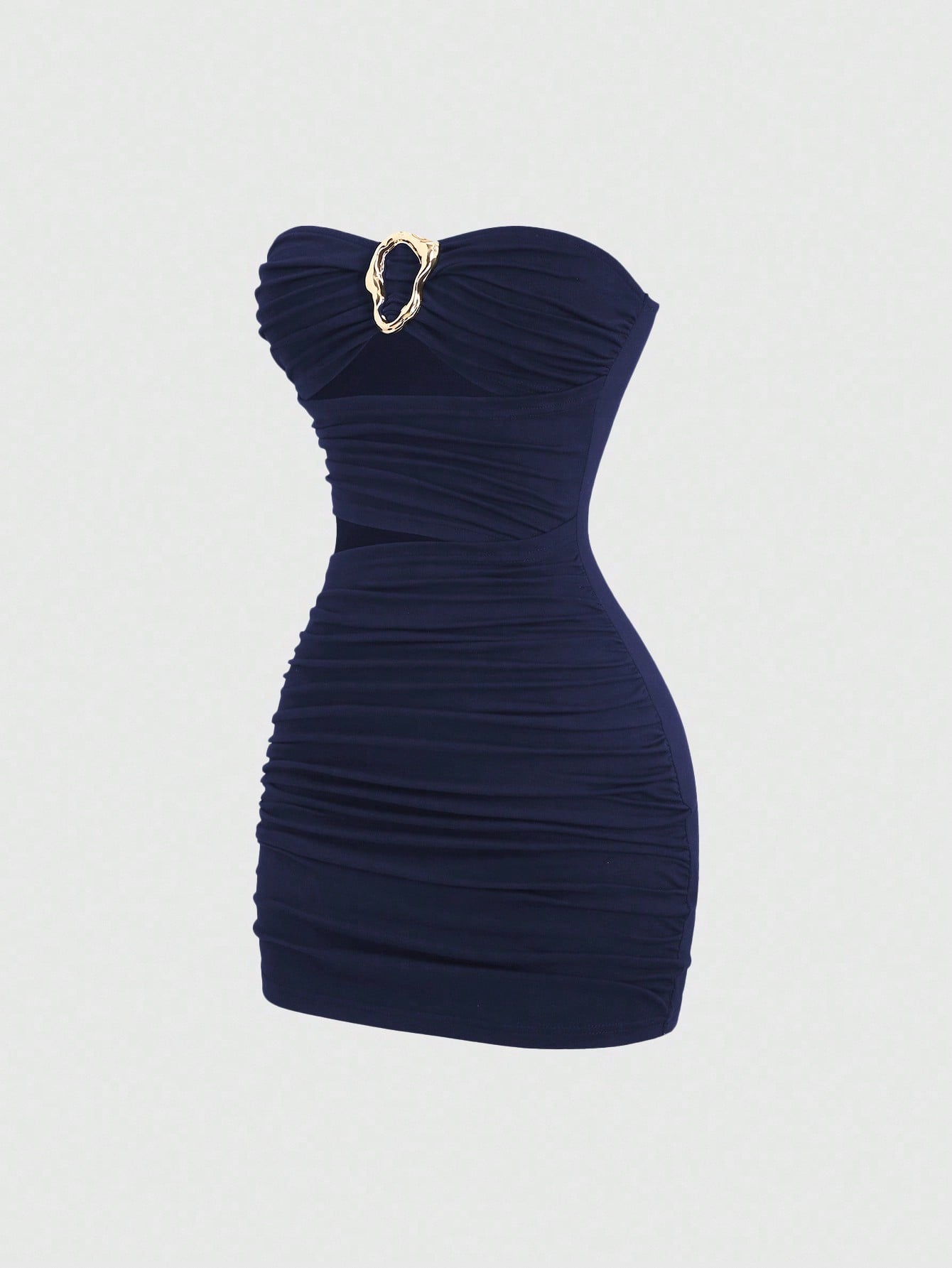 Women's black strapless bodycon mini dress featuring ruched detailing, cut-out design with ring accent, mid-waist pencil hem, and slim fit knitted stretch fabric.