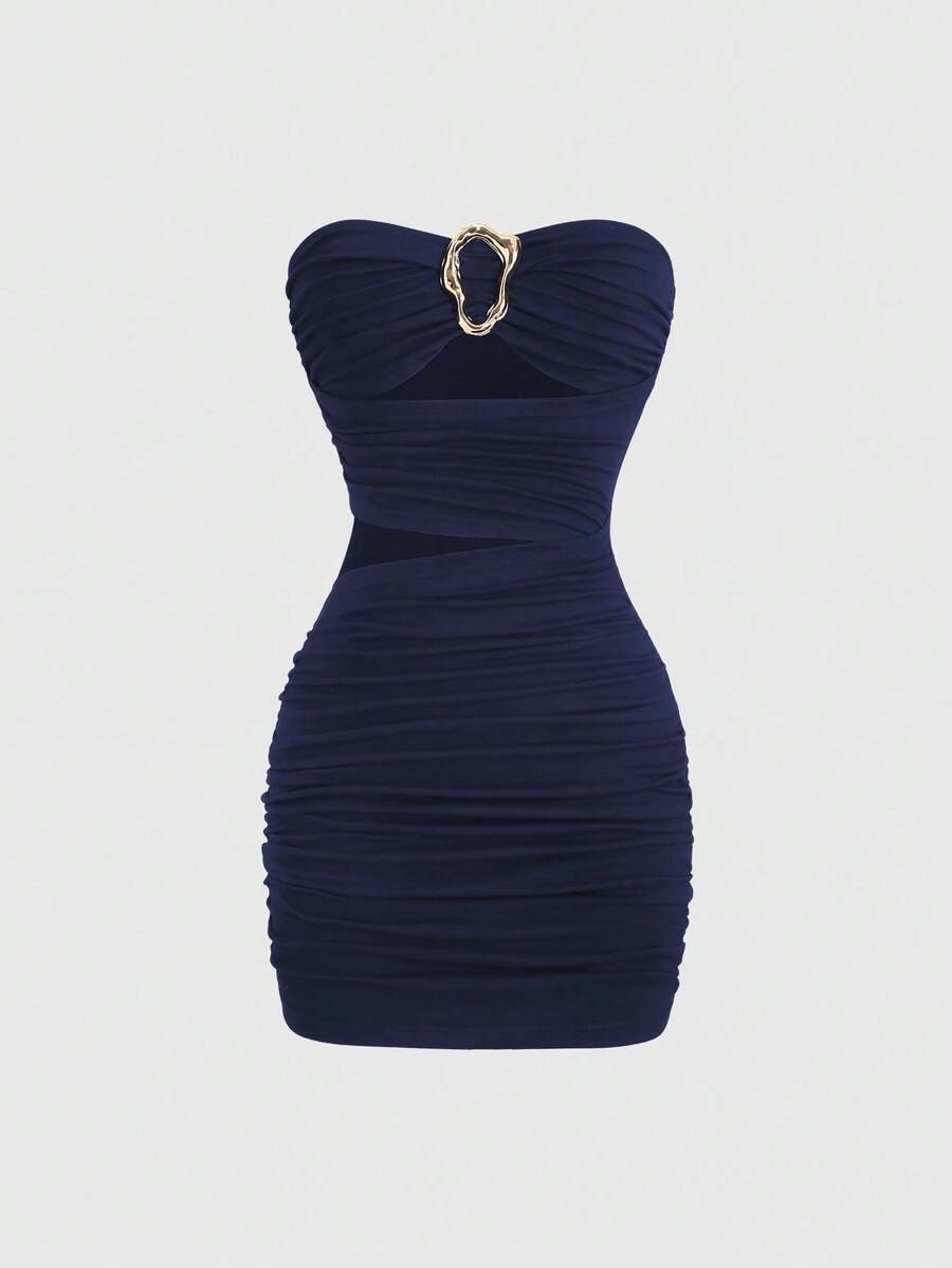 Women's black strapless bodycon mini dress featuring ruched detailing, cut-out design with ring accent, mid-waist pencil hem, and slim fit knitted stretch fabric.