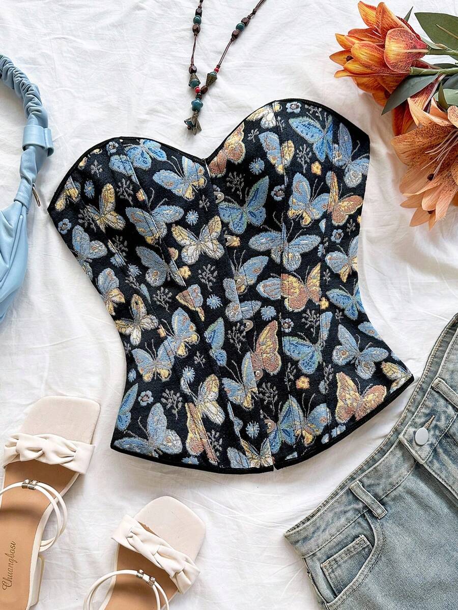 Women's apricot retro floral print bandeau crop top featuring a strapless asymmetrical neckline, lace-up back tie detail, and ruched slim fit woven fabric.