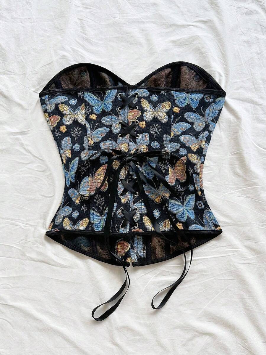 Women's apricot retro floral print bandeau crop top featuring a strapless asymmetrical neckline, lace-up back tie detail, and ruched slim fit woven fabric.