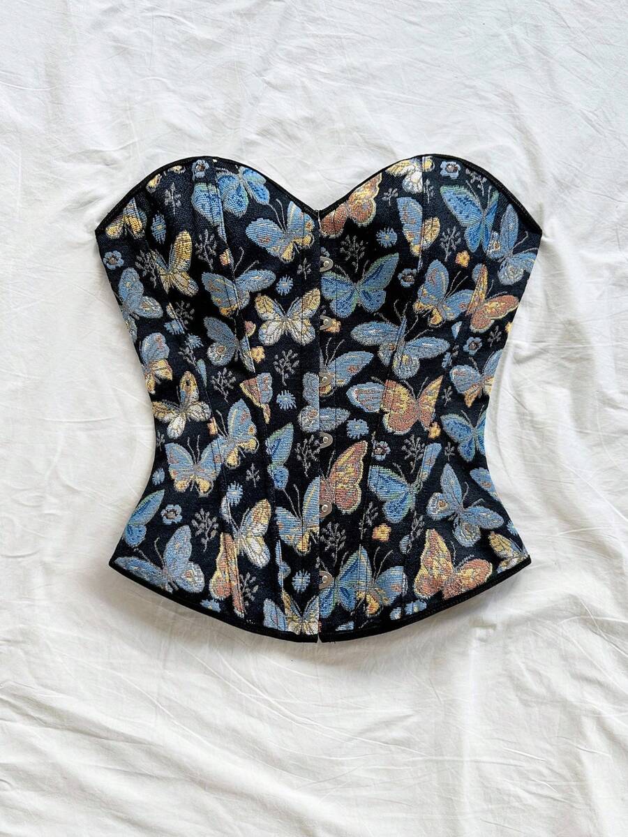Women's apricot retro floral print bandeau crop top featuring a strapless asymmetrical neckline, lace-up back tie detail, and ruched slim fit woven fabric.