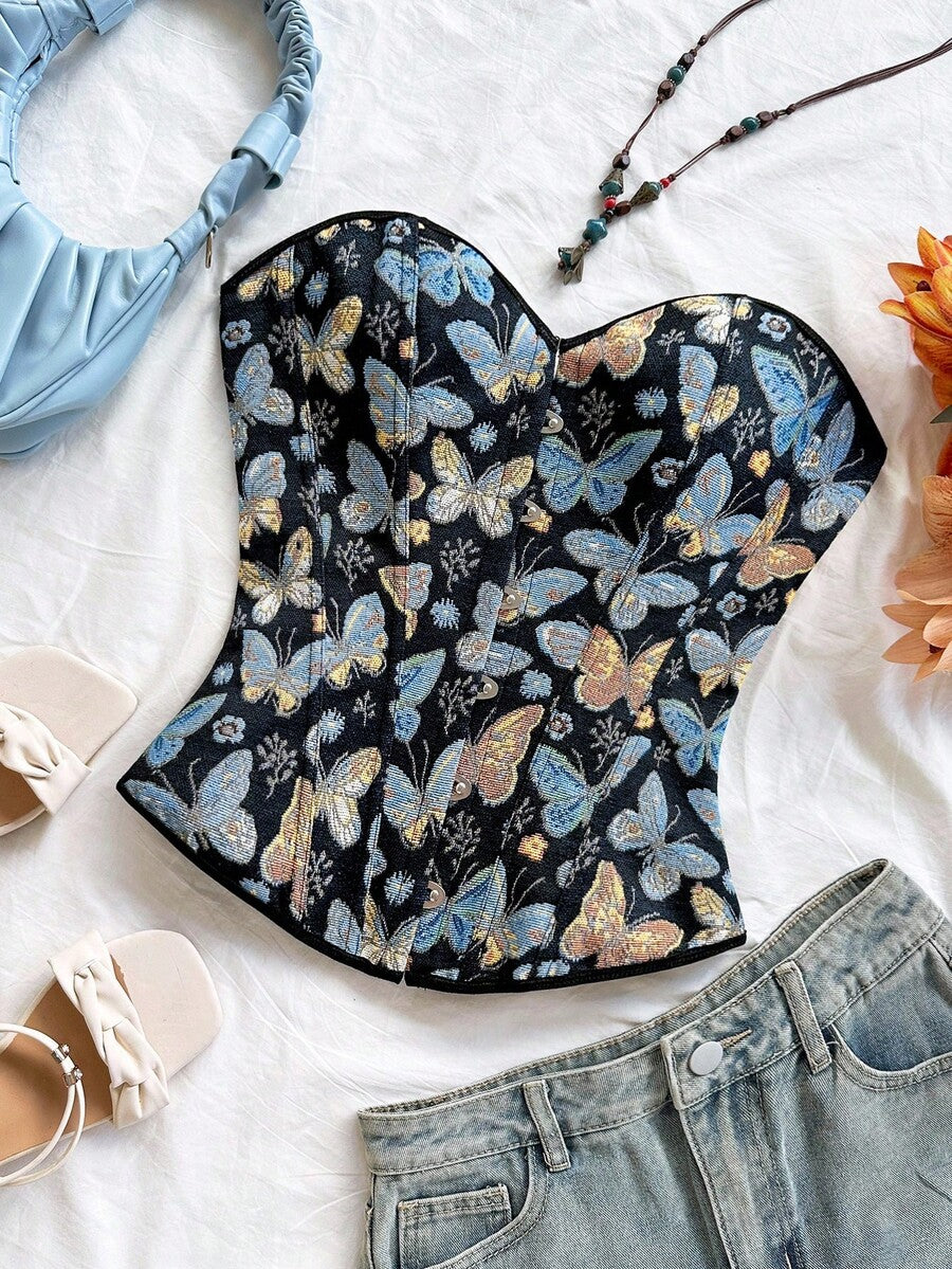 Women's apricot retro floral print bandeau crop top featuring a strapless asymmetrical neckline, lace-up back tie detail, and ruched slim fit woven fabric.