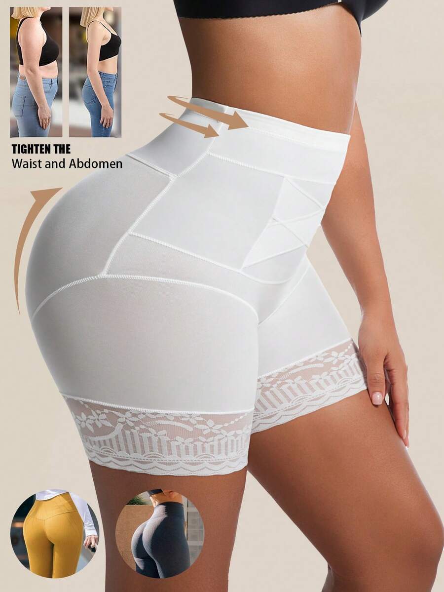 Black seamless high waist shapewear panty for women featuring tummy control, waist slimming design, and delicate contrast lace trim.
