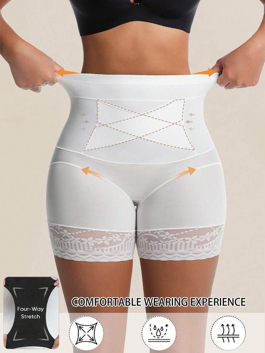 Black seamless high waist shapewear panty for women featuring tummy control, waist slimming design, and delicate contrast lace trim.
