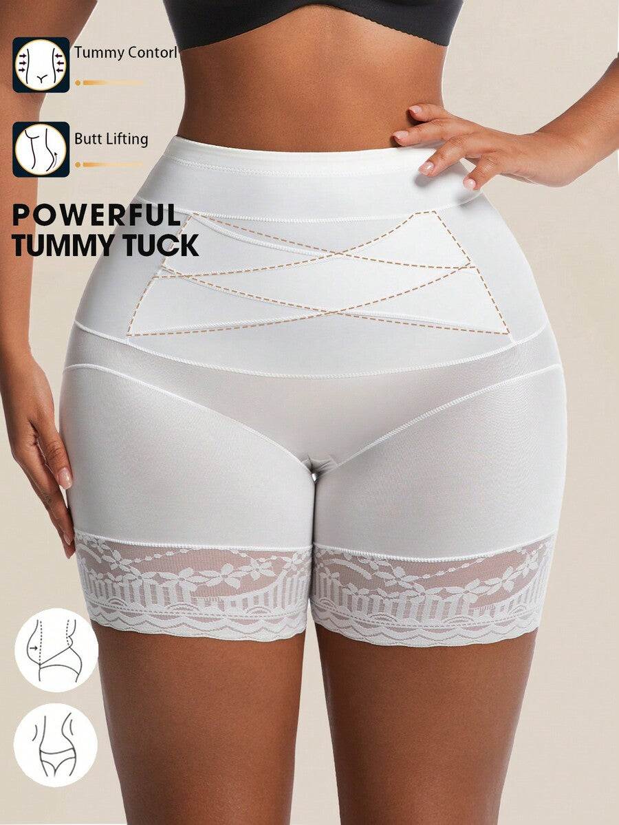 Black seamless high waist shapewear panty for women featuring tummy control, waist slimming design, and delicate contrast lace trim.