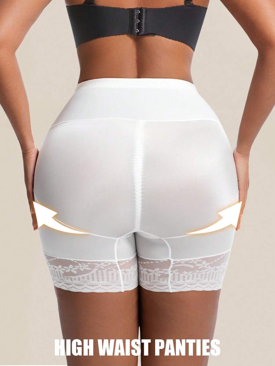 Black seamless high waist shapewear panty for women featuring tummy control, waist slimming design, and delicate contrast lace trim.