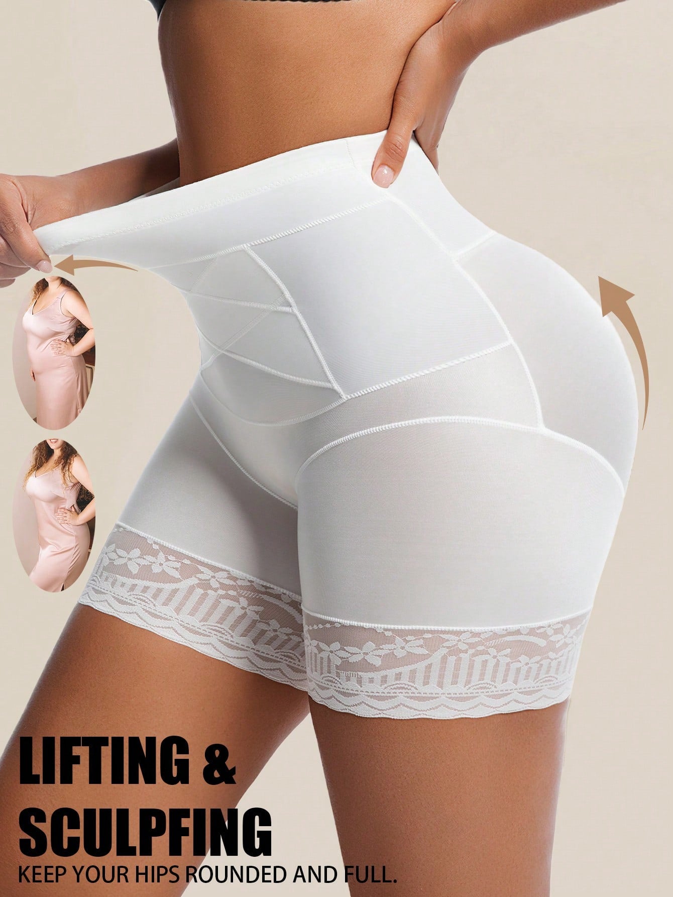 Black seamless high waist shapewear panty for women featuring tummy control, waist slimming design, and delicate contrast lace trim.