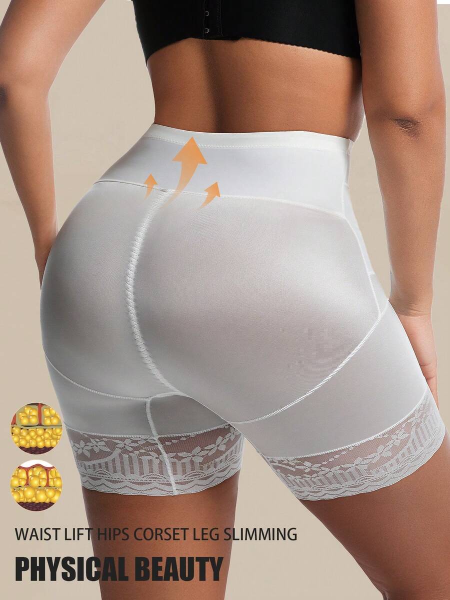 Black seamless high waist shapewear panty for women featuring tummy control, waist slimming design, and delicate contrast lace trim.