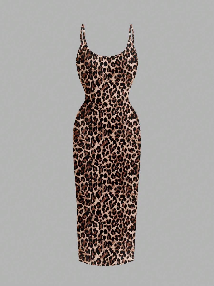 Women's minimalist floral daisy print bodycon cami dress with spaghetti straps, backless cut, high waist, and split thigh slit.