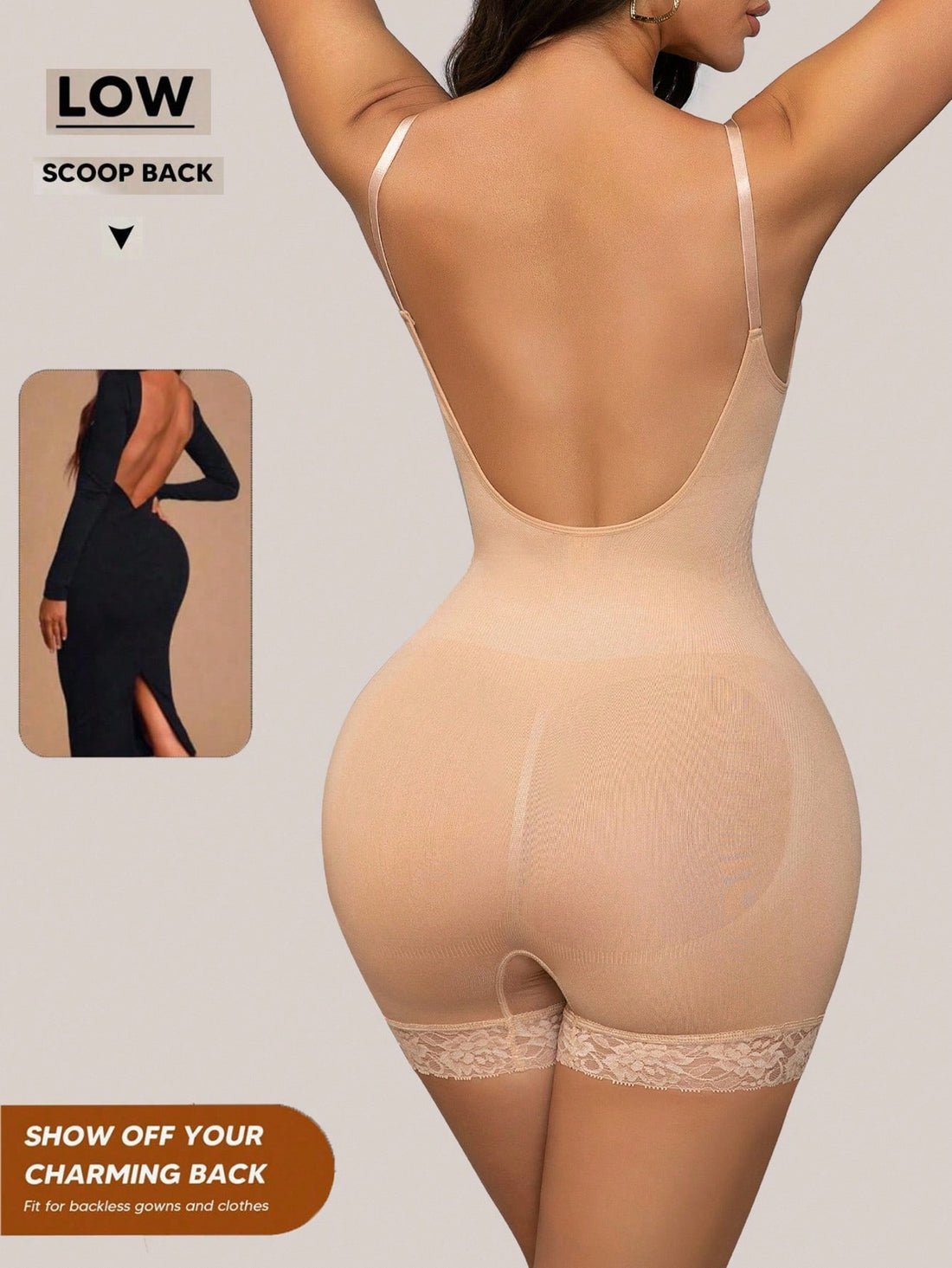 Seamless body shaper bodysuit for women featuring contrast lace details and tummy control in apricot fabric.