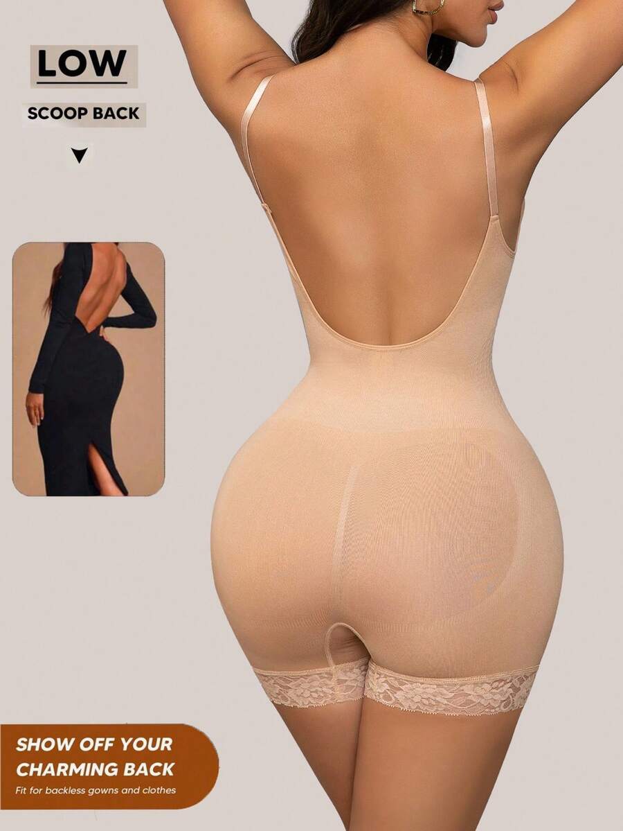 Seamless body shaper bodysuit for women featuring contrast lace details and tummy control in apricot fabric.