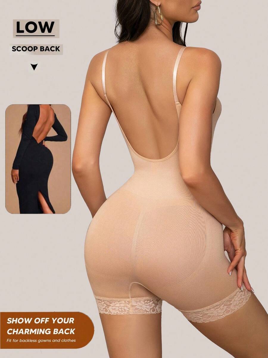 Seamless body shaper bodysuit for women featuring contrast lace details and tummy control in apricot fabric.