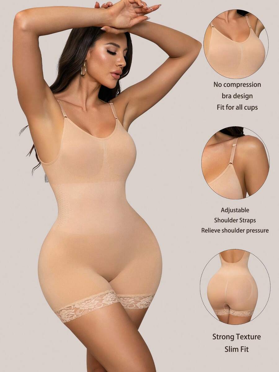 Seamless body shaper bodysuit for women featuring contrast lace details and tummy control in apricot fabric.