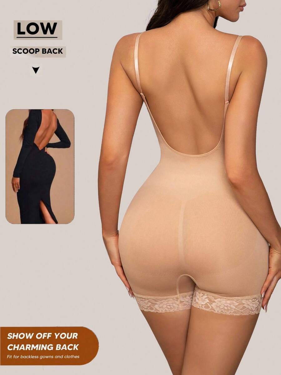 Seamless body shaper bodysuit for women featuring contrast lace details and tummy control in apricot fabric.