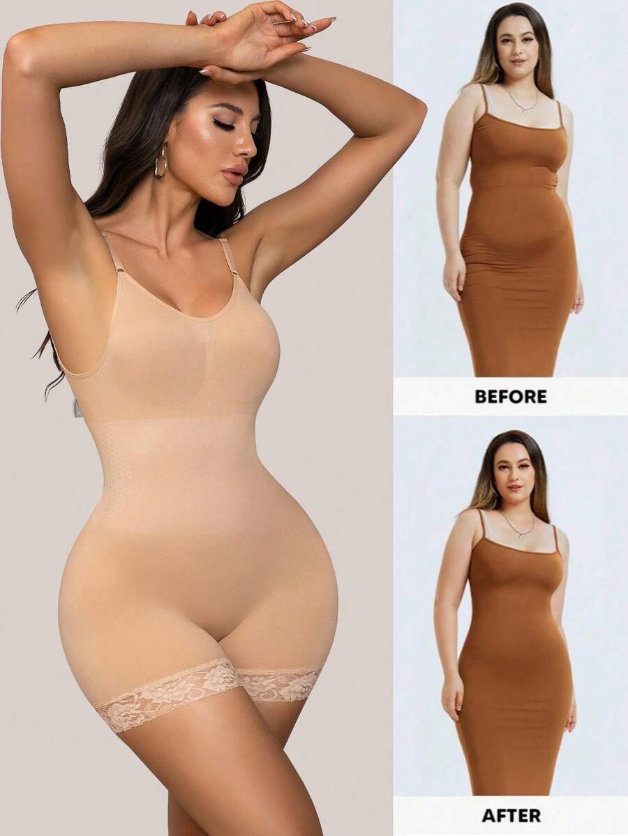 Seamless body shaper bodysuit for women featuring contrast lace details and tummy control in apricot fabric.
