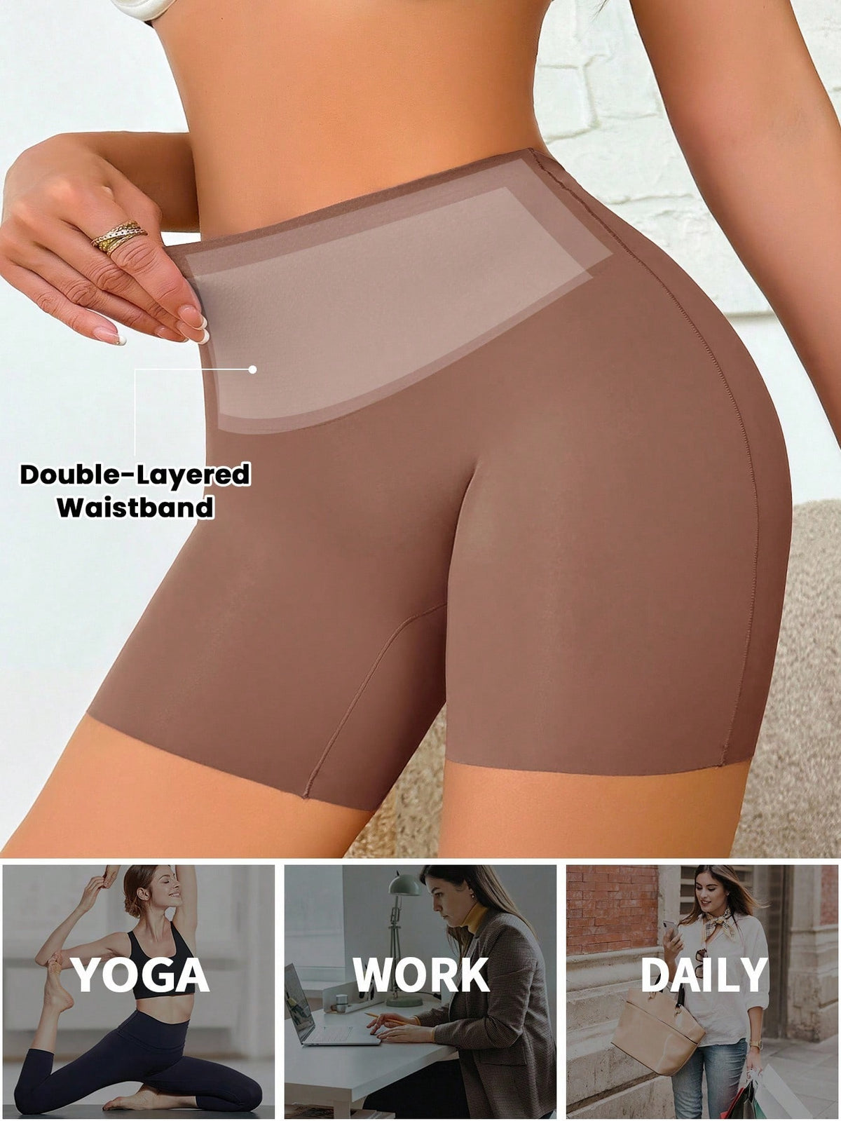 Women wearing apricot super high waist shapewear shorts designed for ultra-light thigh smoothing
