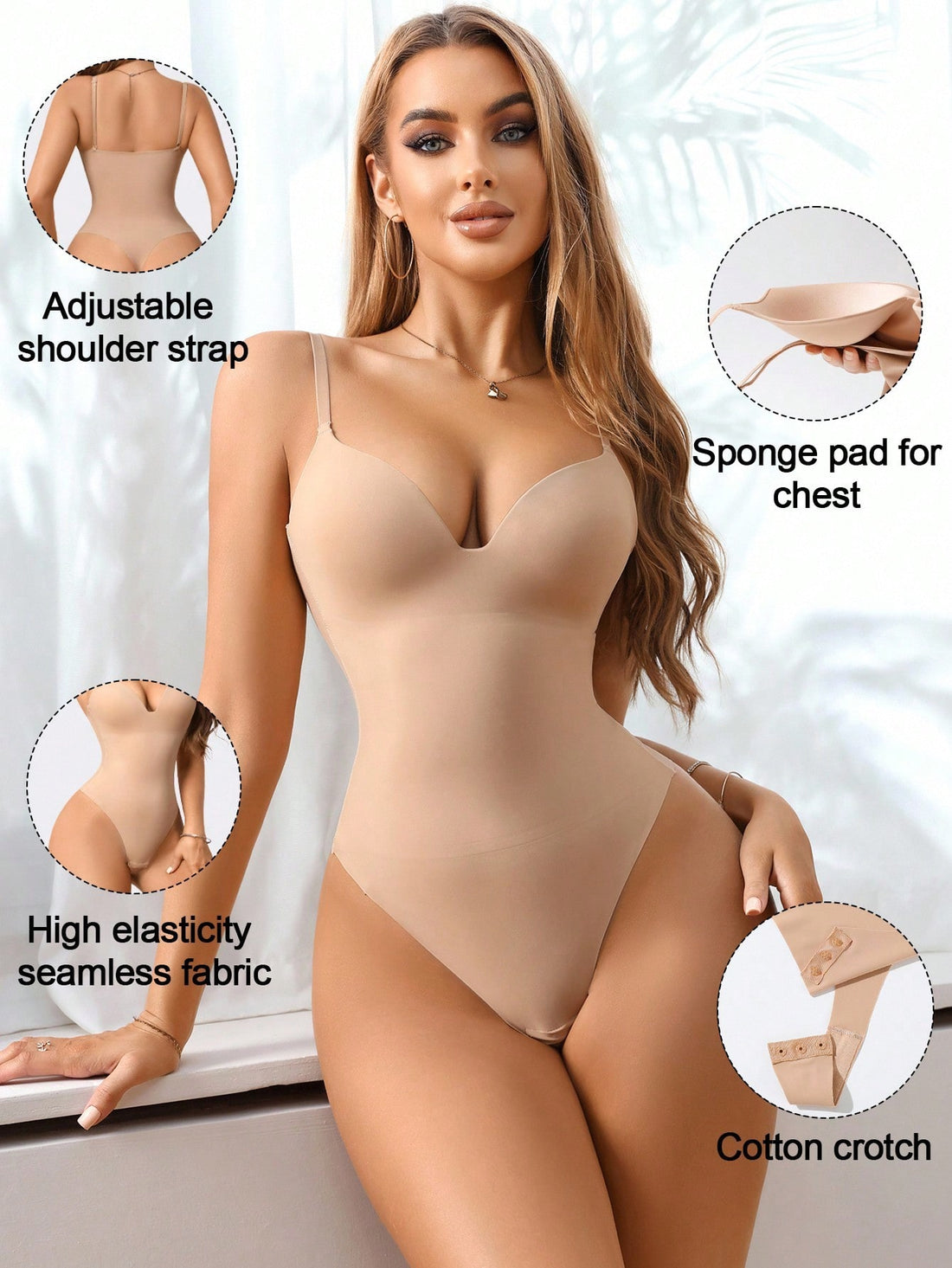 Women's apricot body slimming thong bodysuit featuring adjustable shoulder straps and seamless high-stretch fabric for daily waist support.