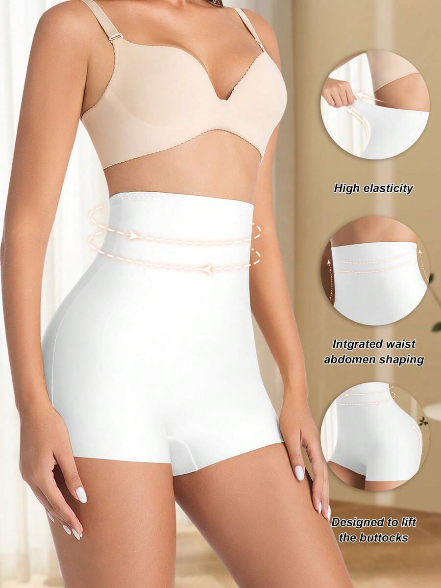 Women wearing apricot high waist tummy control seamless shapewear shorts.