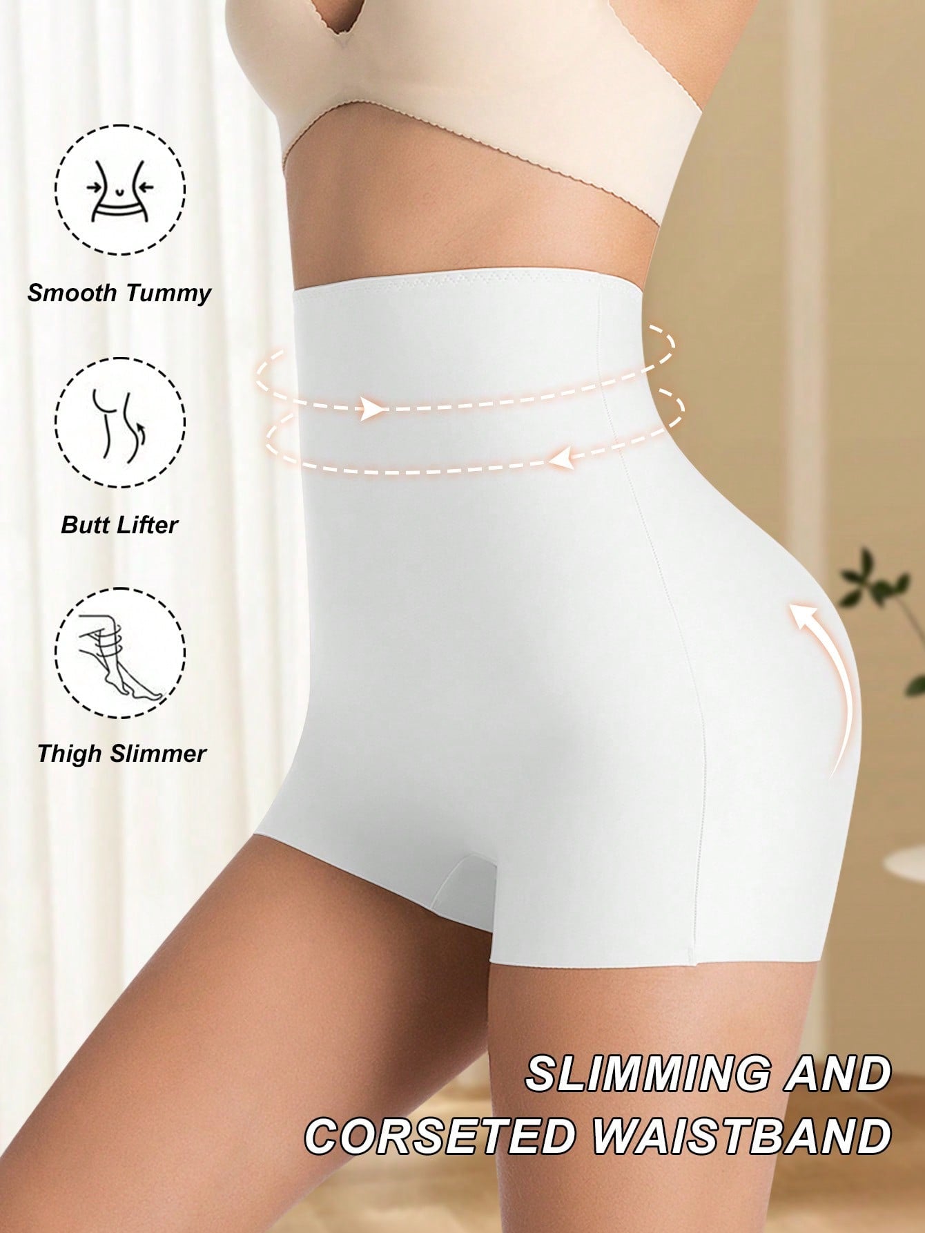 Women wearing apricot high waist tummy control seamless shapewear shorts.