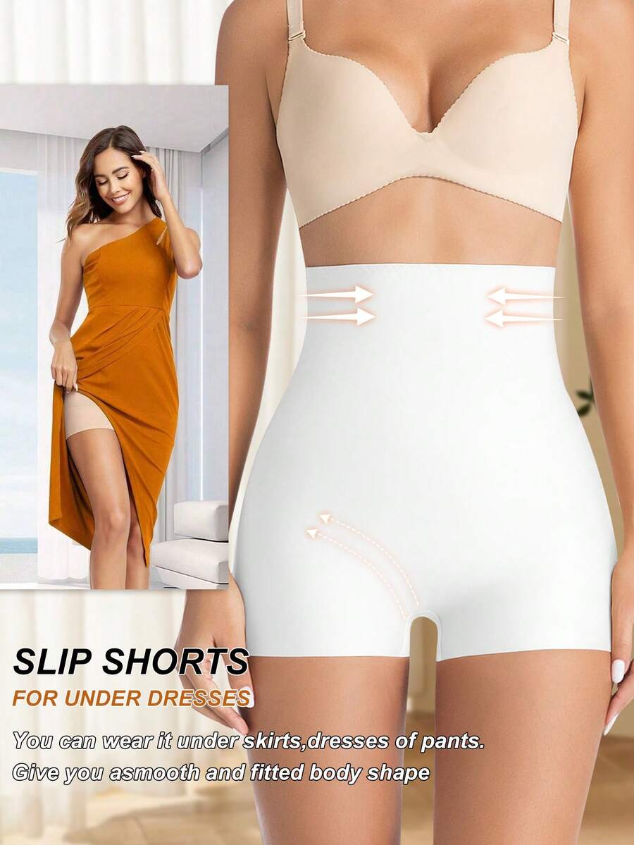 Women wearing apricot high waist tummy control seamless shapewear shorts.