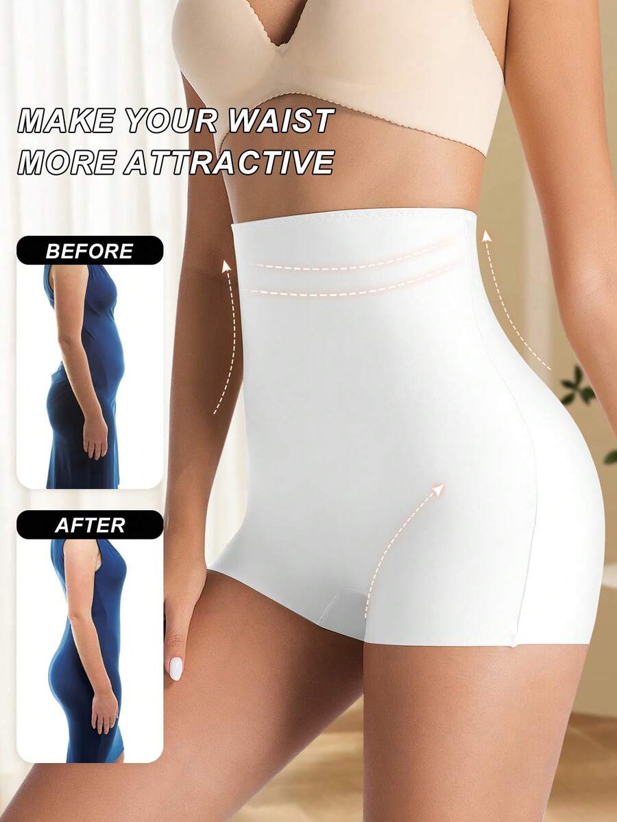Women wearing apricot high waist tummy control seamless shapewear shorts.