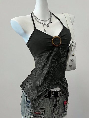 Women's backless halter cami top featuring a paisley print, sleeveless design, and an asymmetrical hem in knitted fabric.