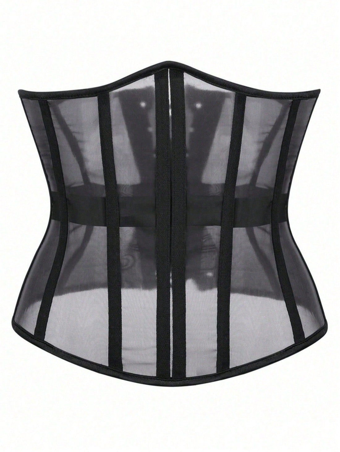 Women's black mesh sheer waist cincher corset featuring a vintage see-through style.