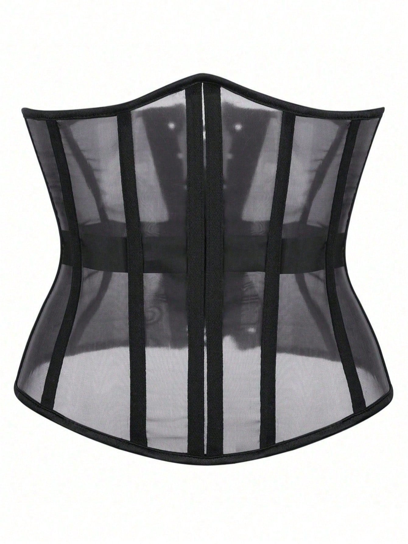 Women's black mesh sheer waist cincher corset featuring a vintage see-through style.