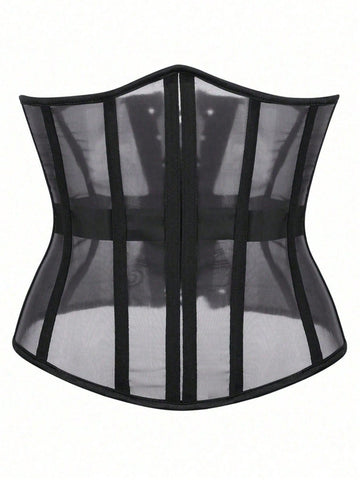 Women's black mesh sheer waist cincher corset featuring a vintage see-through style.
