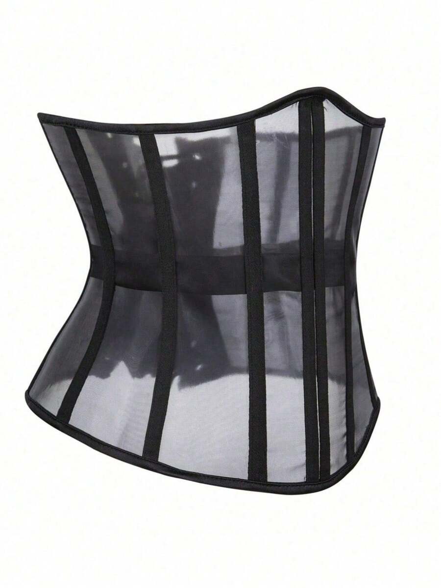 Women's black mesh sheer waist cincher corset featuring a vintage see-through style.