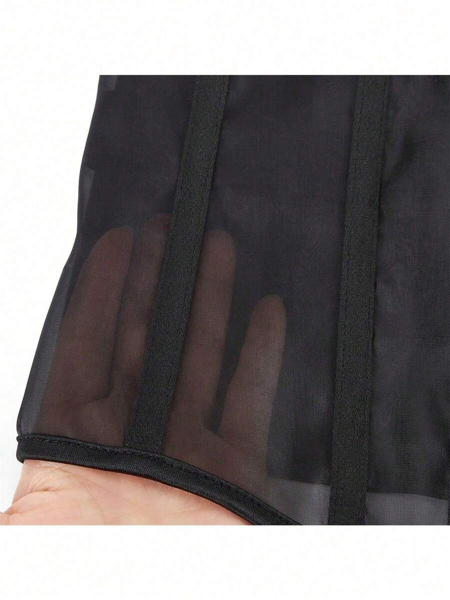 Women's black mesh sheer waist cincher corset featuring a vintage see-through style.