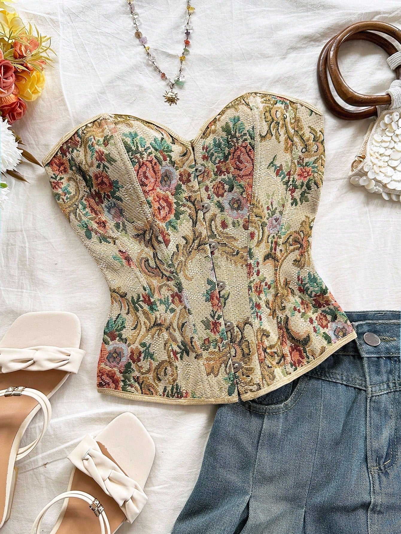 Women's apricot retro floral print bandeau crop top featuring a strapless asymmetrical neckline, lace-up back tie detail, and ruched slim fit woven fabric.