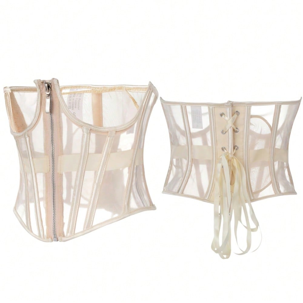 Women's slim fit waist cincher top featuring breathable mesh fabric and a front zipper closure in a short waist shaping design.