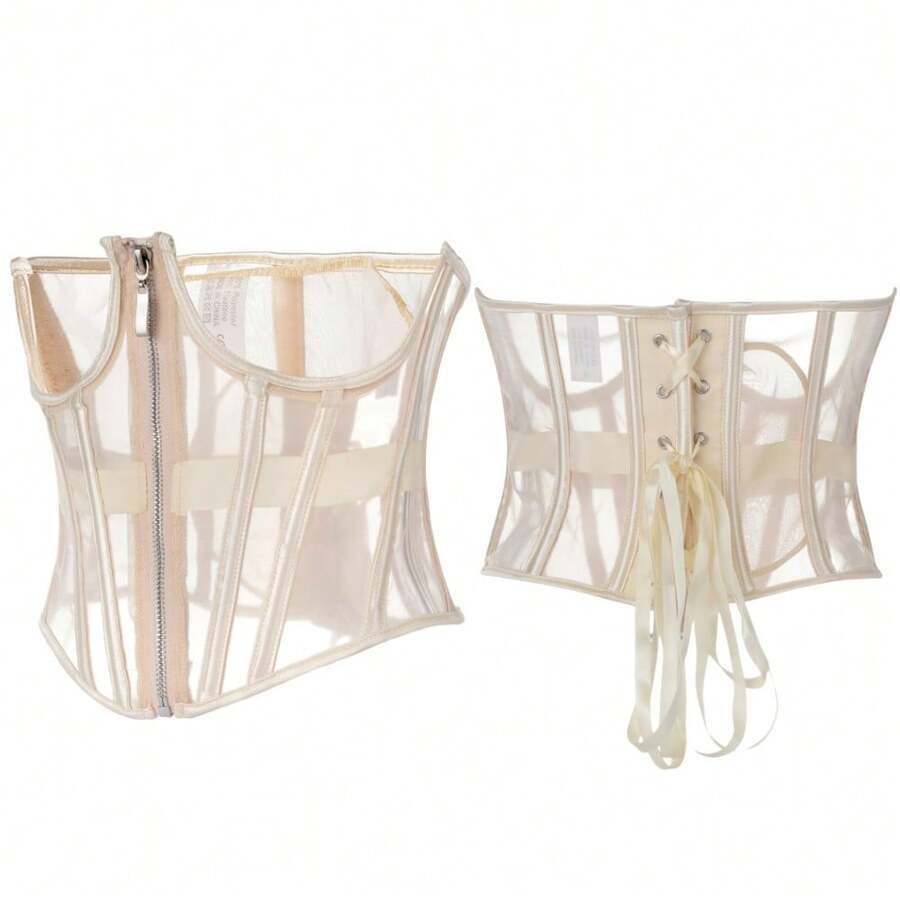 Women's slim fit waist cincher top featuring breathable mesh fabric and a front zipper closure in a short waist shaping design.