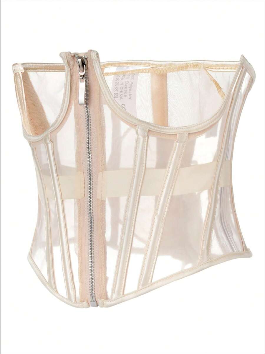 Women's slim fit waist cincher top featuring breathable mesh fabric and a front zipper closure in a short waist shaping design.