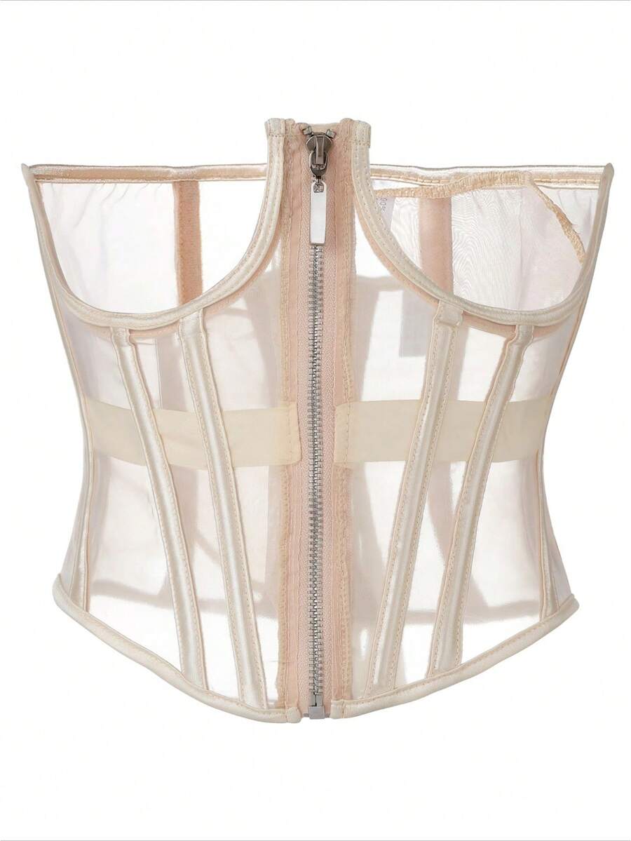 Women's slim fit waist cincher top featuring breathable mesh fabric and a front zipper closure in a short waist shaping design.