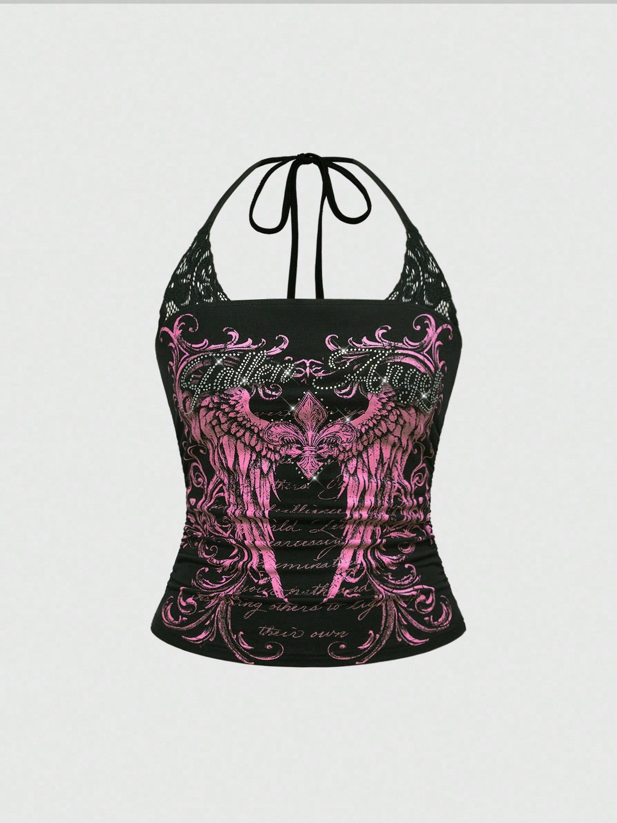 Woman wearing a black Y2K concert print 2-in-1 contrast lace halter crop top featuring a backless design with knot details.