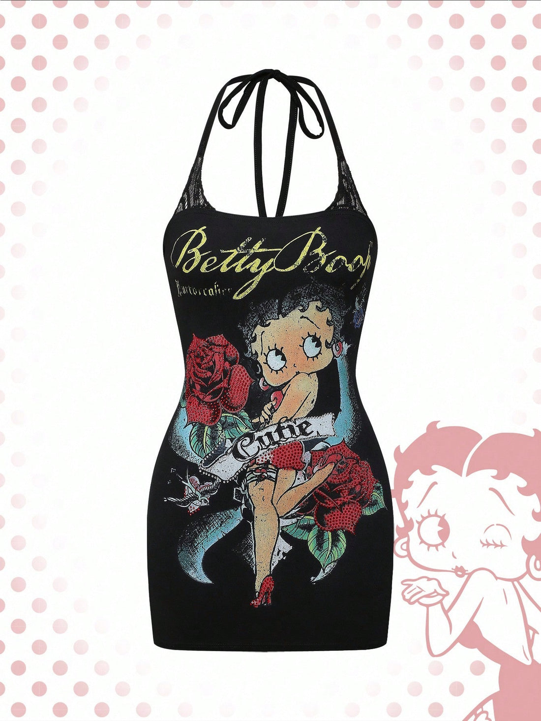 Women's black backless halter mini dress featuring tie-back knot details and slim fit silhouette.