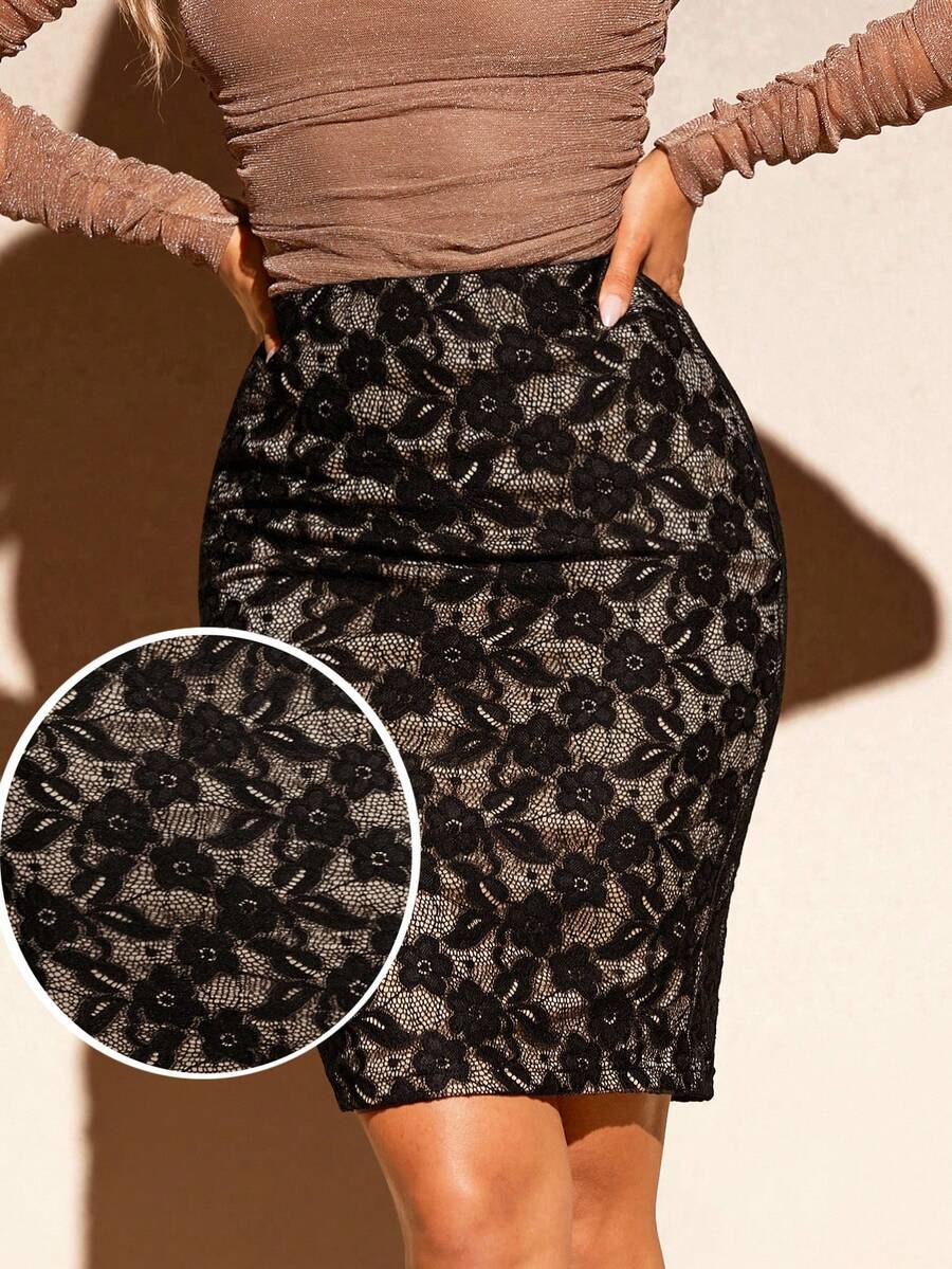 Women's high-waisted floral lace pencil skirt with knee-length cut and back split detail